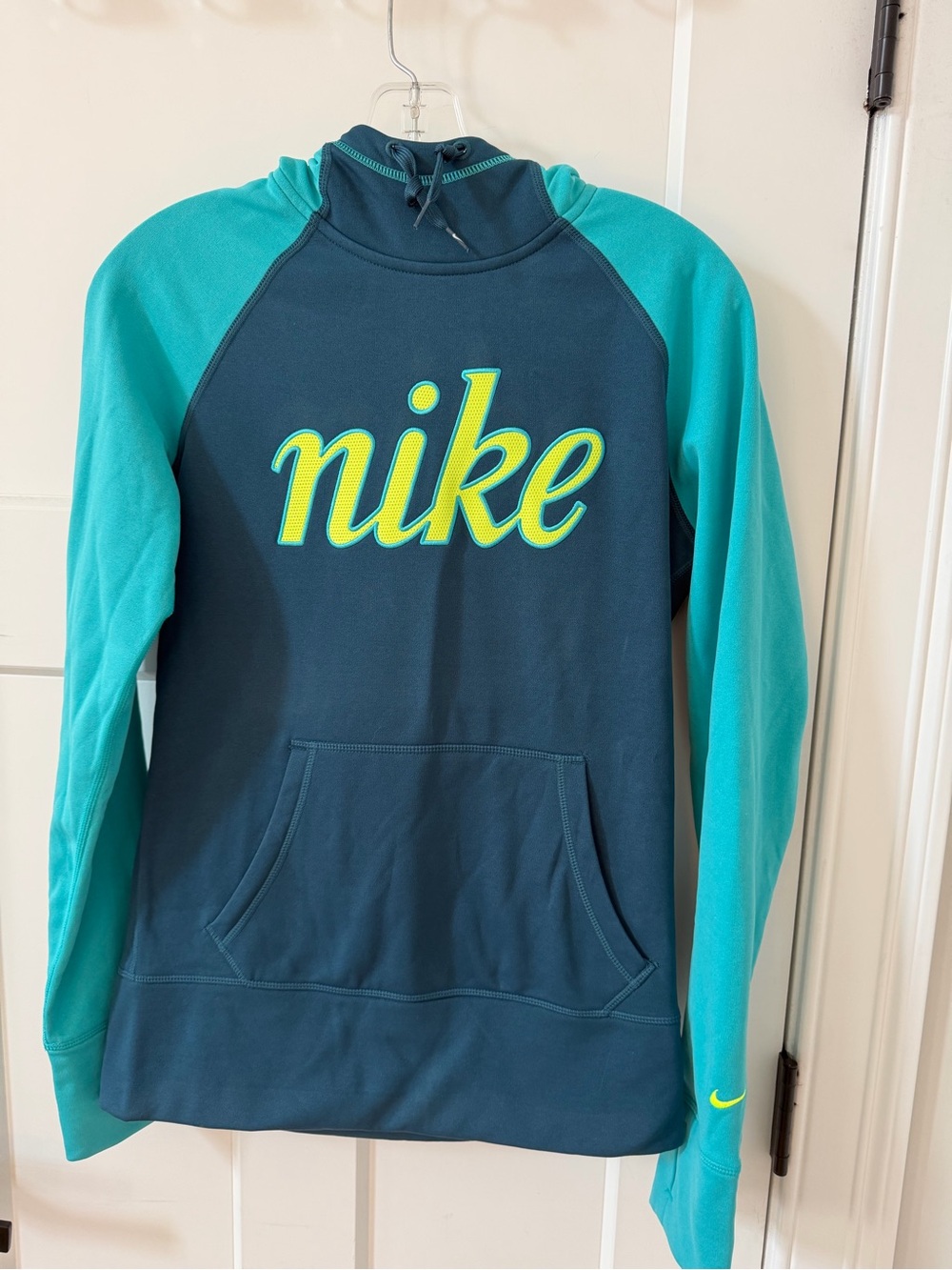 Nike Women's Teal Sleeve Navy Body Pullover Hoodie with Neon Logo